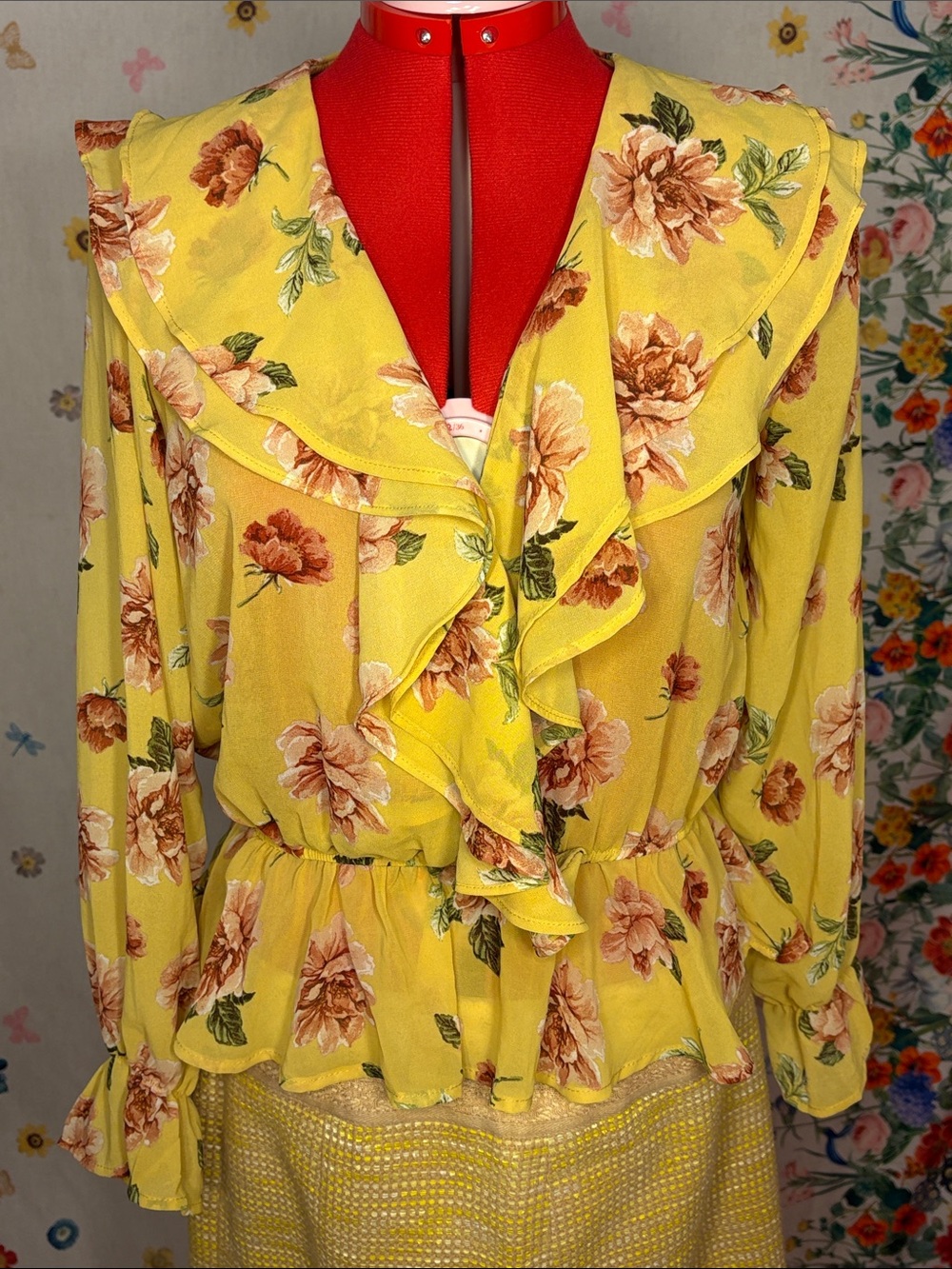 Yellow Floral Ruffle Peplum Blouse